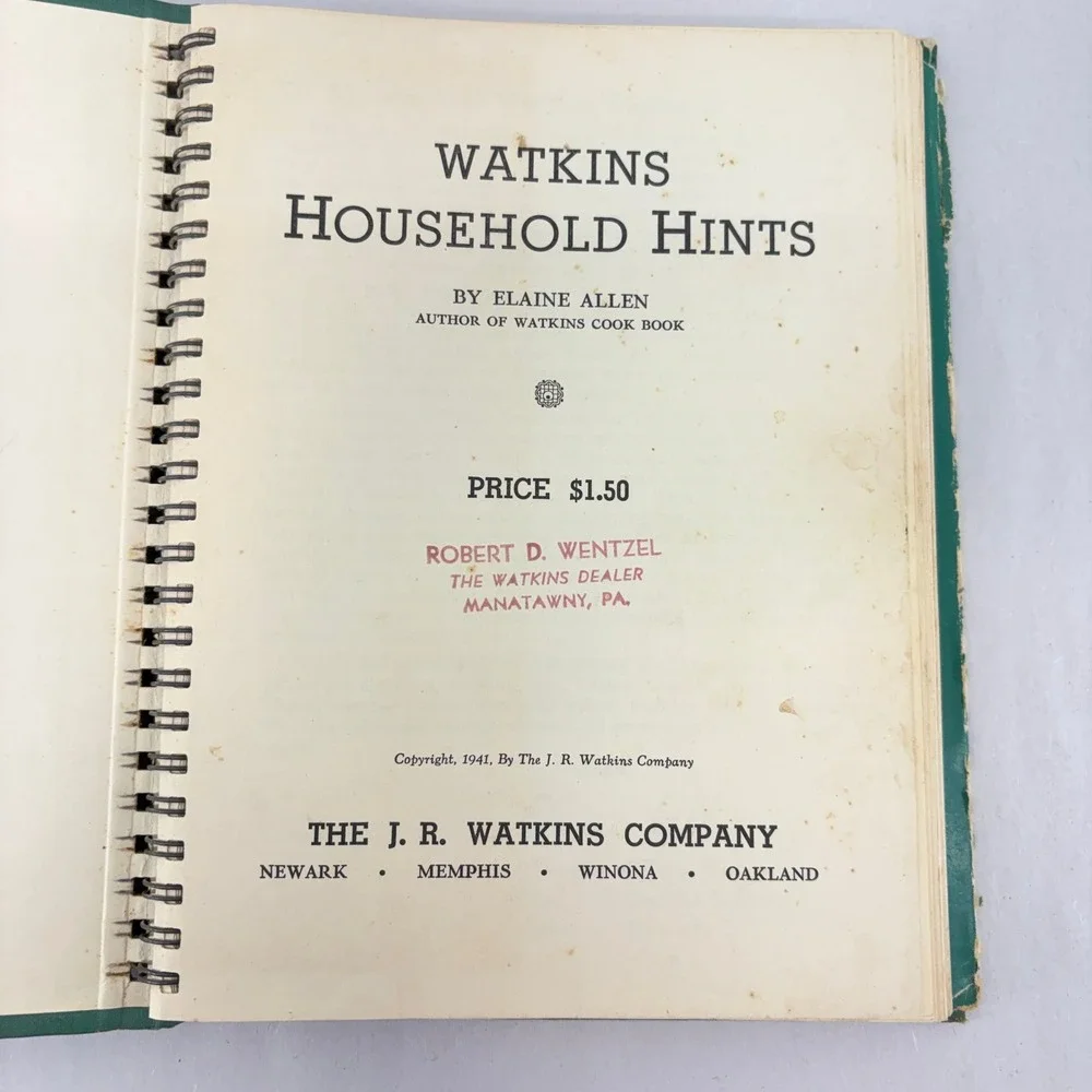 Vintage 1941 Watkins Household Hints Elaine Allen Spiral Bound Reference Book